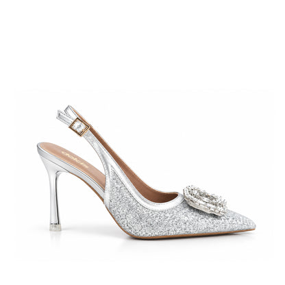 Silver Glittering Floral Petal Heel | 442P-S