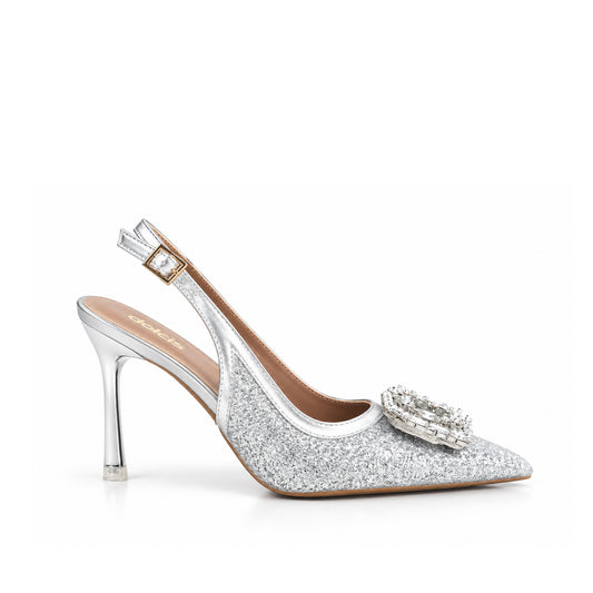 Silver Glittering Floral Petal Heel | 442P-S