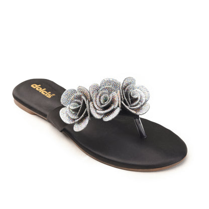 Black Floral Flat Sandals for Women Slippers | 789R-C