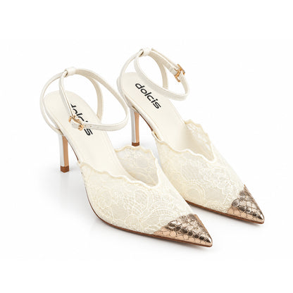 White Textured Pencil Heel Sandals | 444P-F