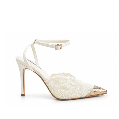 White Textured Pencil Heel Sandals | 444P-F