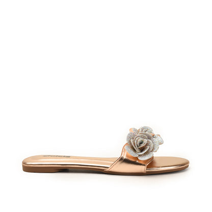 Rose Gold Flat Slides with Glitter Flower Slippers | 518M-PX