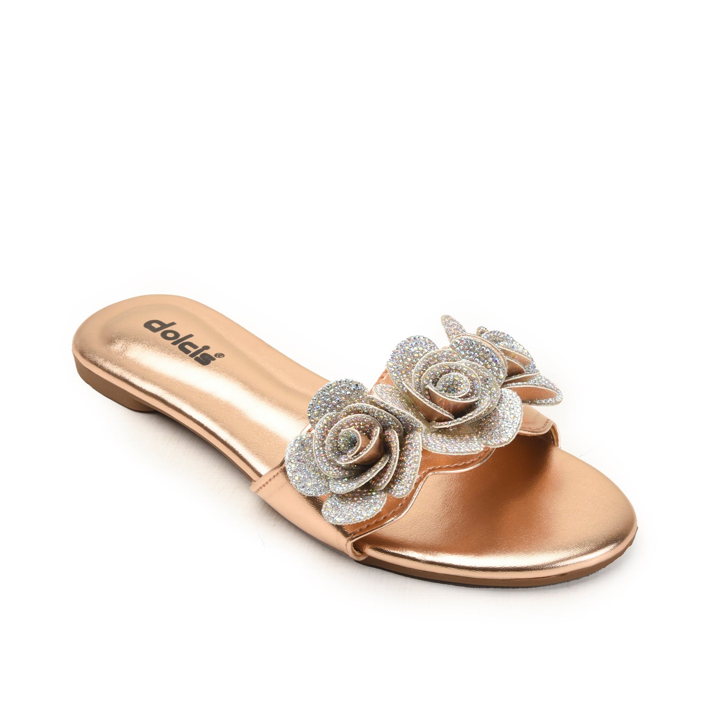 Rose Gold Flat Slides with Glitter Flower Slippers | 518M-PX