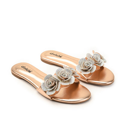 Rose Gold Flat Slides with Glitter Flower Slippers | 518M-PX