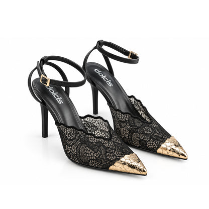 Black Textured Pencil Heel Sandals | 444P-C