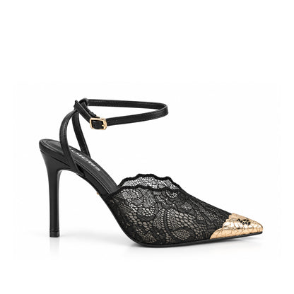 Black Textured Pencil Heel Sandals | 444P-C