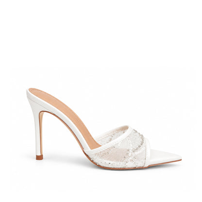 White Textured Pencil Heel Sandals | 507N-W
