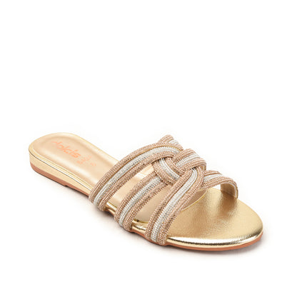 Gold Triple Strap Flats with Knot Detail Slippers | 515M-XT