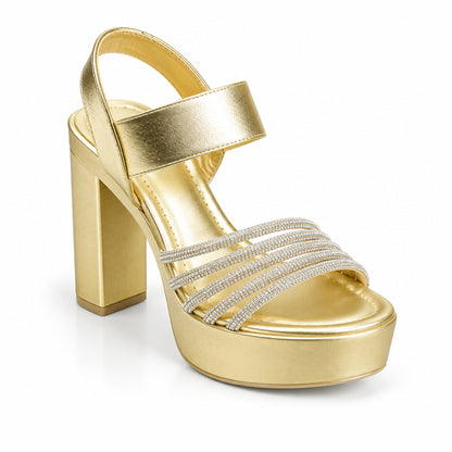 Golden Crystal Ankle Strap Block Heels | 276H-X