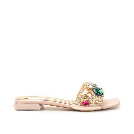 Gold Transparent Strap Flats with Gemstone Detail Slippers| -F