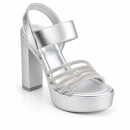 Silver Crystal Ankle Strap Block Heels | 276H-S