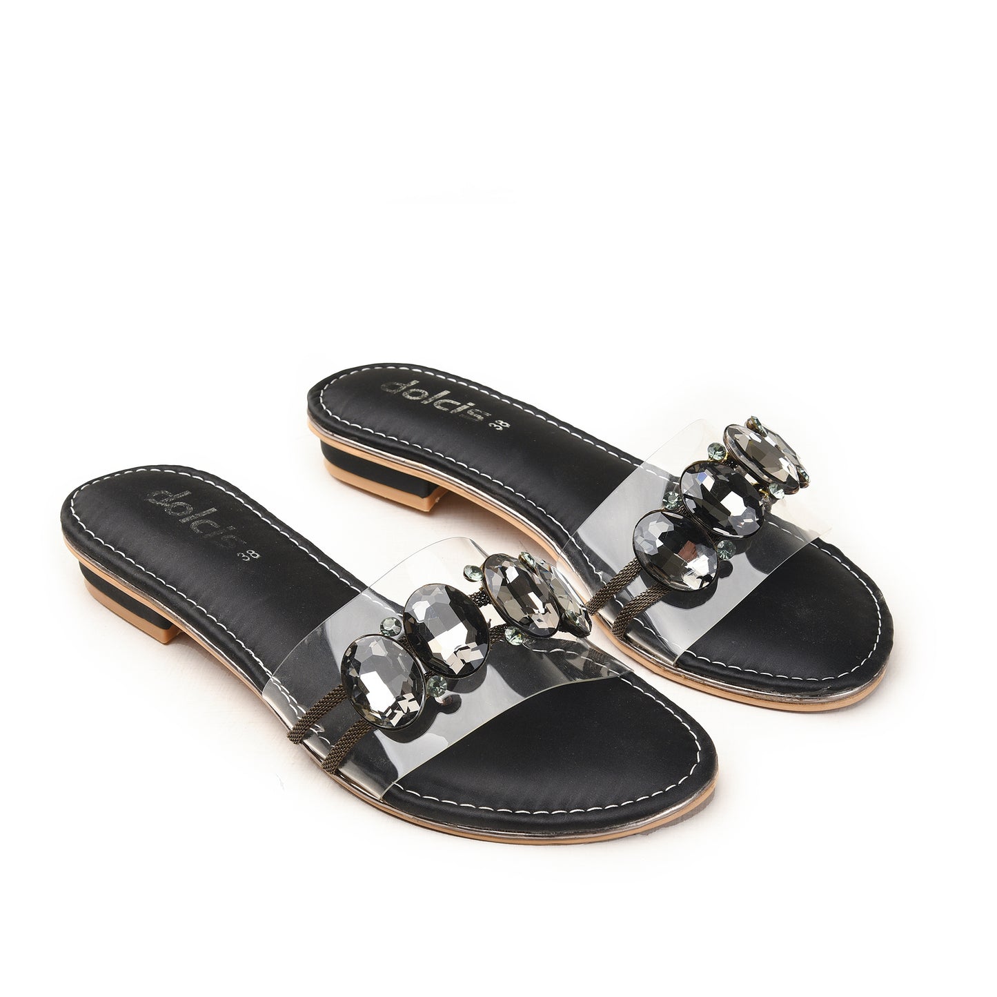 Gold Crystal Embellished Transparent Flats Slippers | 517M-C