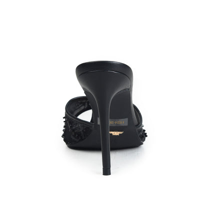 Black Textured Pencil Heel Sandals | 507N-C
