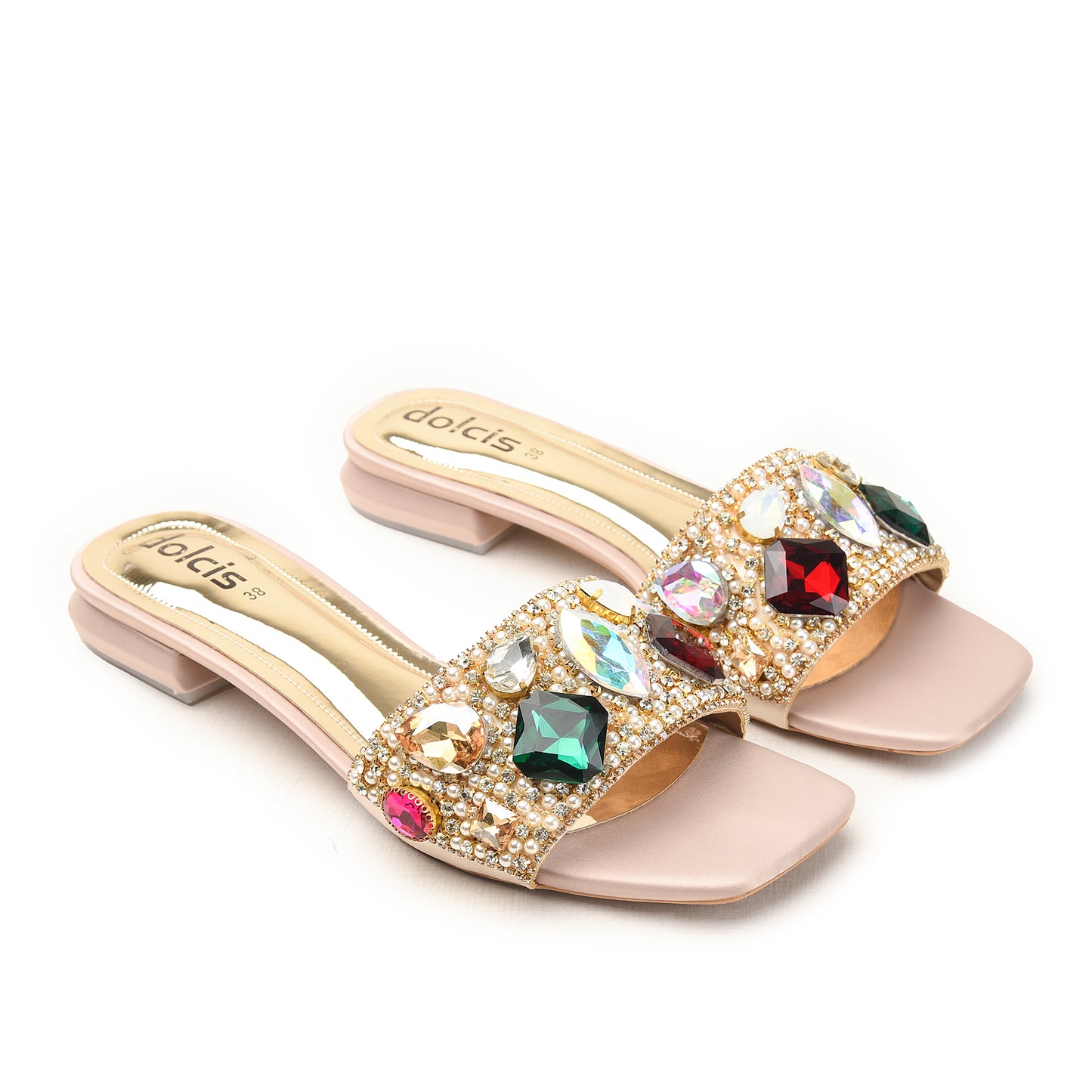 Gold Transparent Strap Flats with Gemstone Detail Slippers| -F