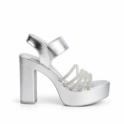 Silver Crystal Ankle Strap Block Heels | 276H-S