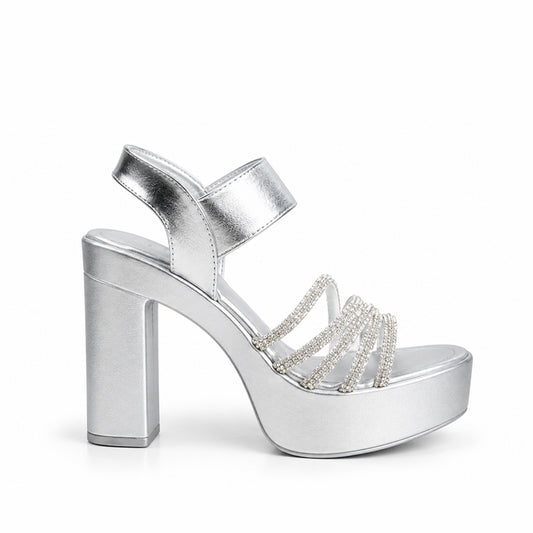 Silver Crystal Ankle Strap Block Heels | 276H-S