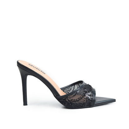 Black Textured Pencil Heel Sandals | 507N-C