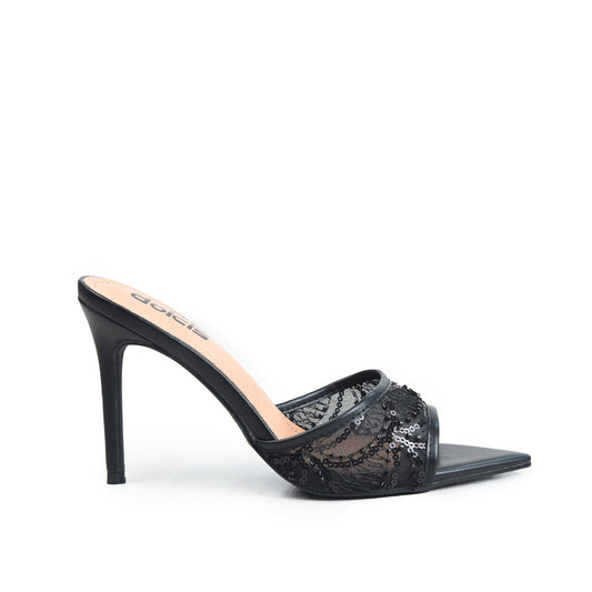 Black Textured Pencil Heel Sandals | 507N-C