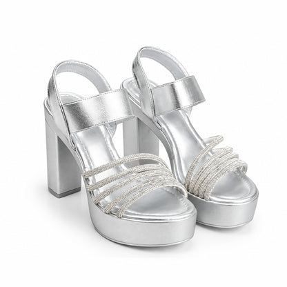Silver Crystal Ankle Strap Block Heels | 276H-S