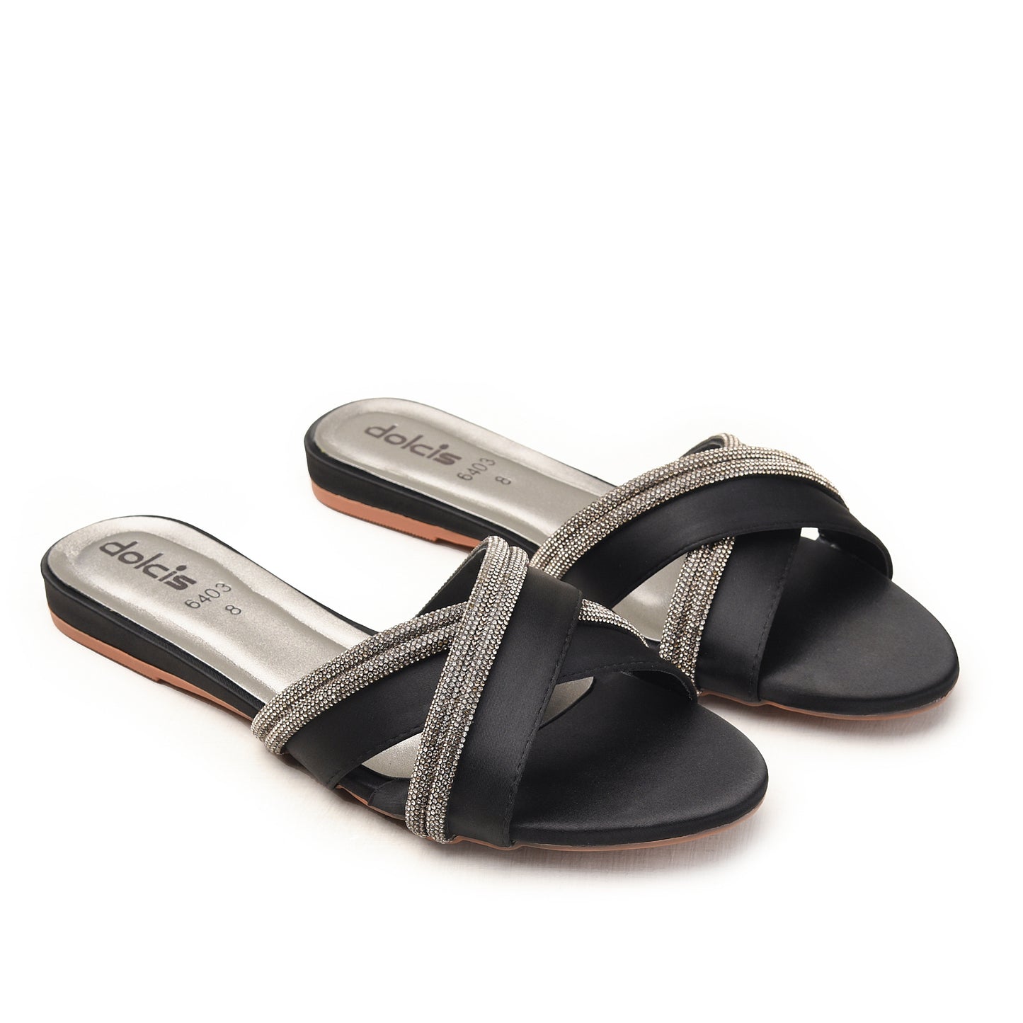 Black Criss-Cross Flats with Glitter Strap Slippers | 516M-C