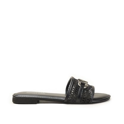 Black Woven Slide Flats with Buckle Slippers| 521M-C