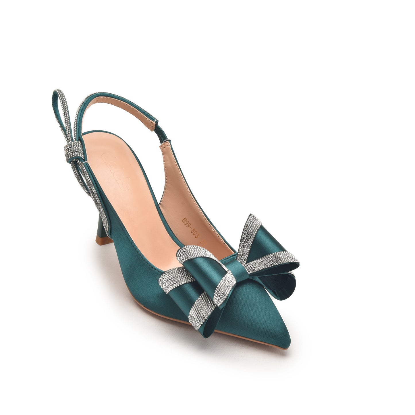 Teal Green High Heels with Bow and Crystal Straps | 486N-K