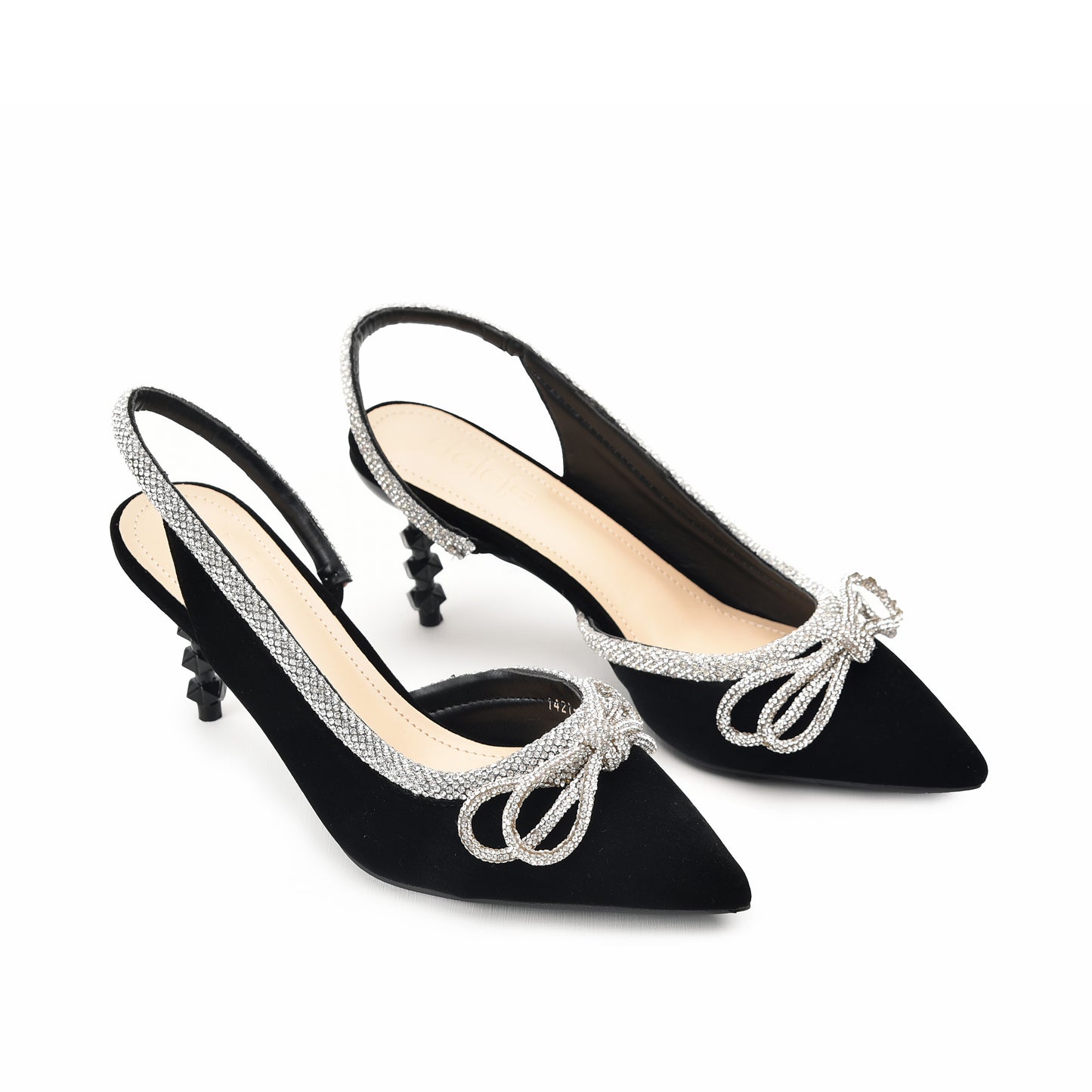 Elegant Black Velvet Slingback Heels with Rhinestone Bow | 469L-C