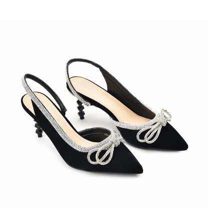 Elegant Black Velvet Slingback Heels with Rhinestone Bow | 469L-C