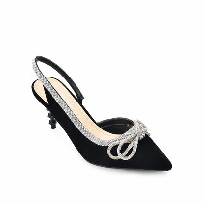 Elegant Black Velvet Slingback Heels with Rhinestone Bow | 469L-C