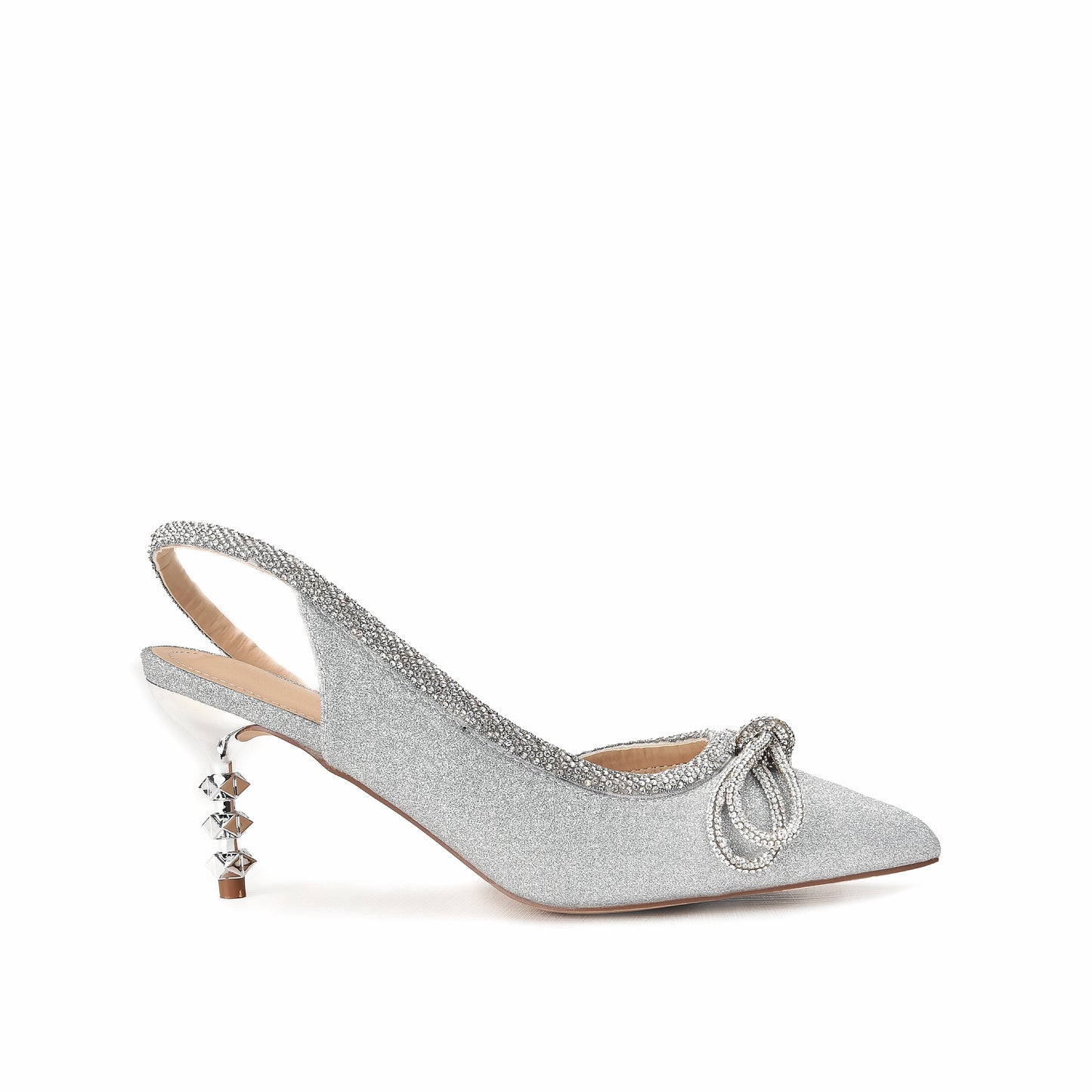 Sparkling Silver Glitter Slingback Heels with Rhinestone Bow | 469L-S