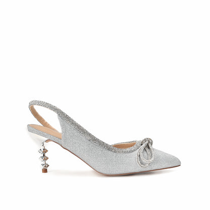 Sparkling Silver Glitter Slingback Heels with Rhinestone Bow | 469L-S