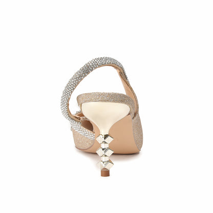 Luxurious Gold Glitter Slingback Heels with Rhinestone Bow | 469L-X