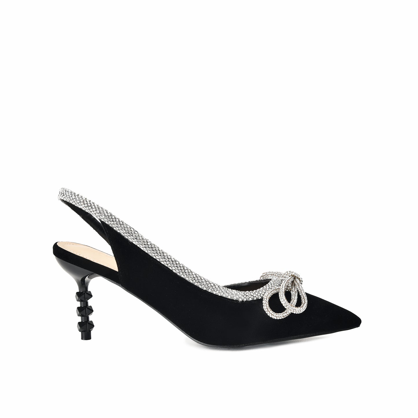 Elegant Black Velvet Slingback Heels with Rhinestone Bow | 469L-C