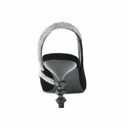 Elegant Black Velvet Slingback Heels with Rhinestone Bow | 469L-C