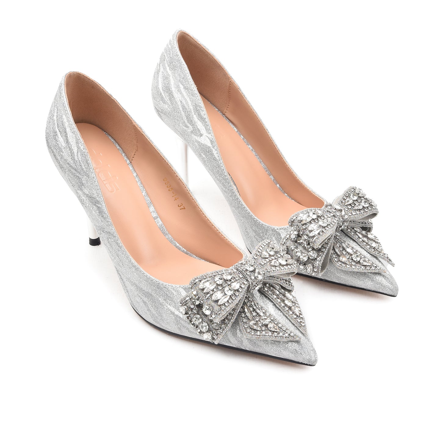 Silver Satin Rhinestone Bow Heels | 453N-S