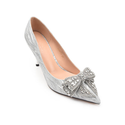 Silver Satin Rhinestone Bow Heels | 453N-S