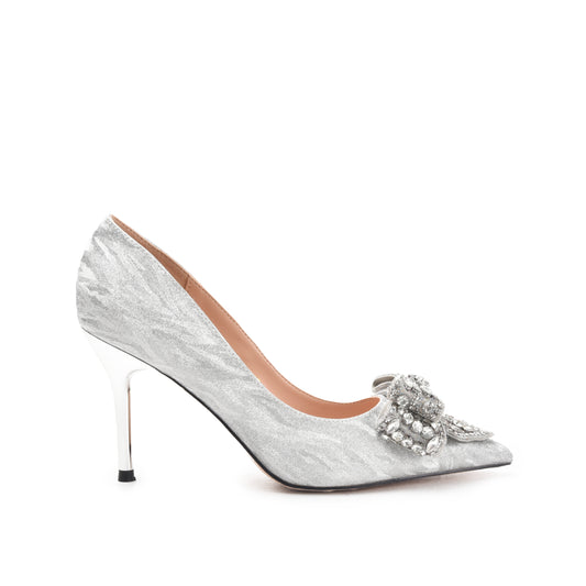 Silver Satin Rhinestone Bow Heels | 453N-S
