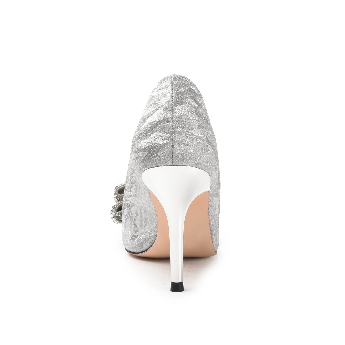 Silver Satin Rhinestone Bow Heels | 453N-S