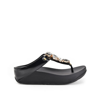 Elegant Black Jeweled Wedge Slippers | 720R-C