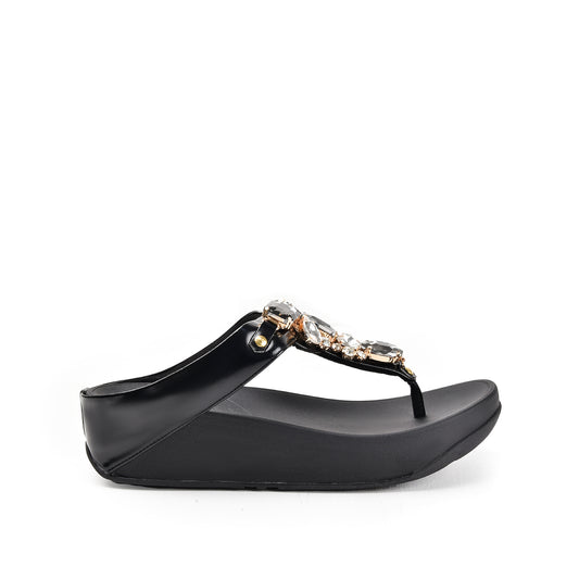 Elegant Black Jeweled Wedge Slippers | 720R-C