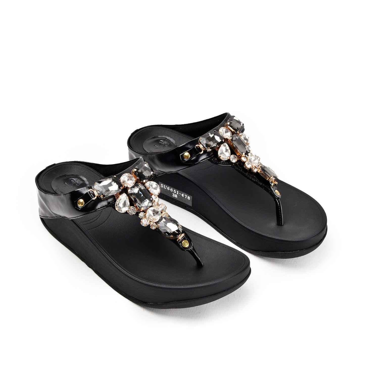 Elegant Black Jeweled Wedge Slippers | 720R-C
