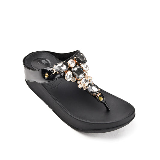 Elegant Black Jeweled Wedge Slippers | 720R-C