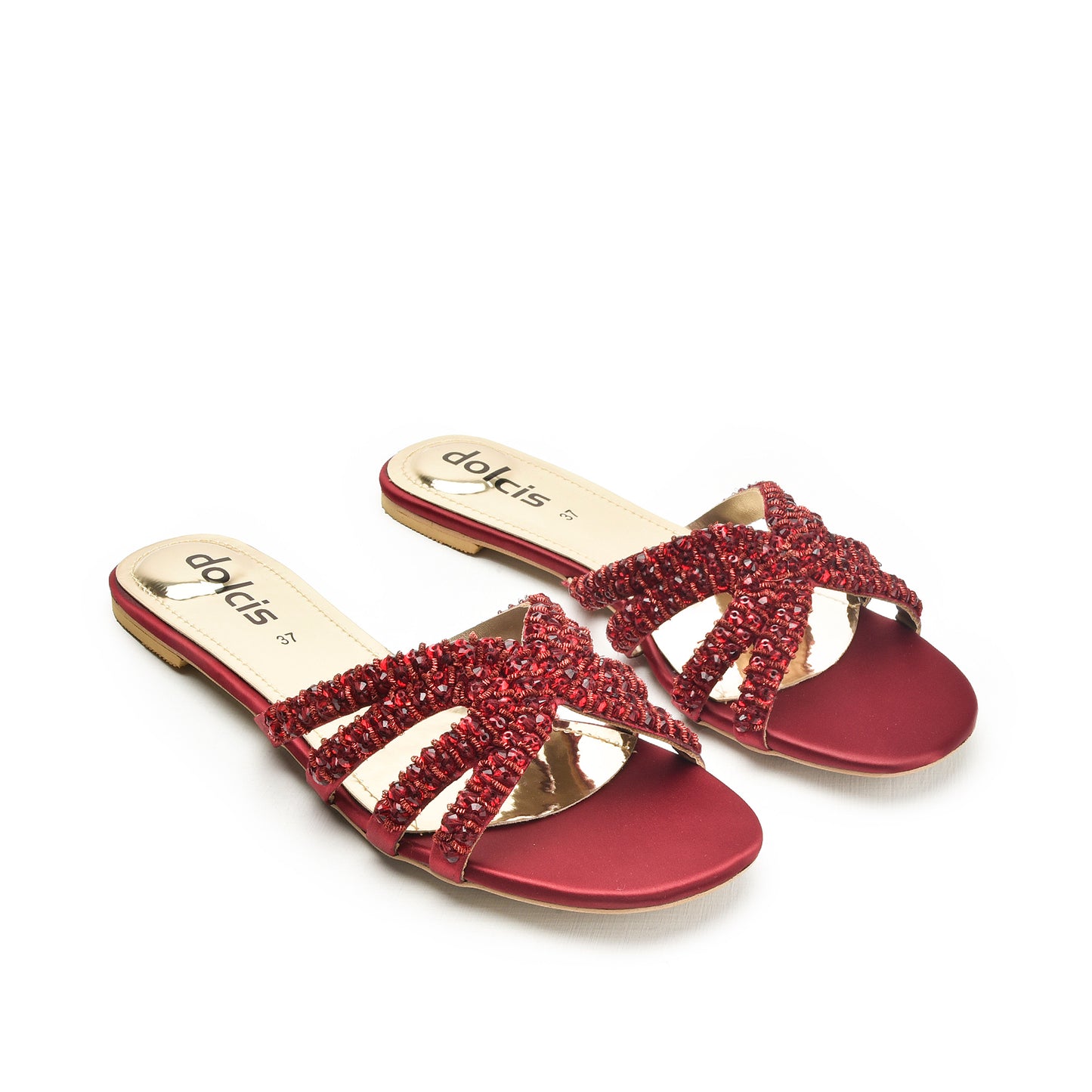 Chic Red Embellished Flats Slippers | 585J-M