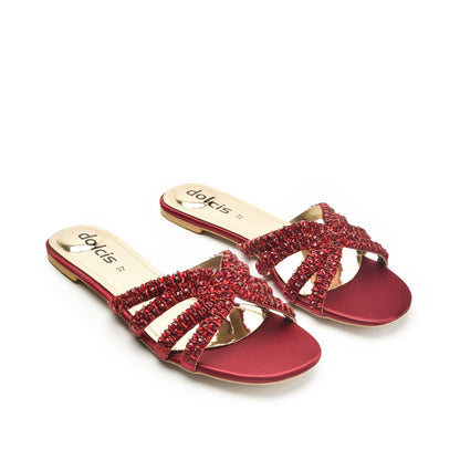 Chic Red Embellished Flats Slippers | 585J-M