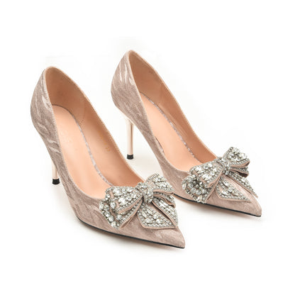 Champagne Satin Rhinestone Bow Heels | 453N-PX