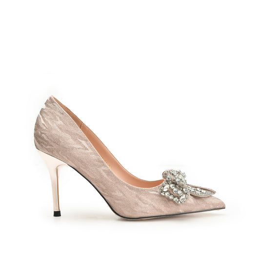 Champagne Satin Rhinestone Bow Heels | 453N-PX