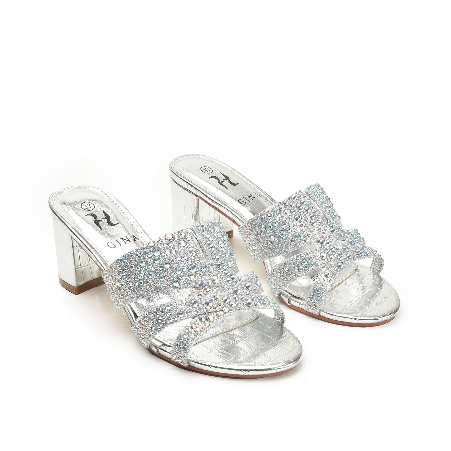 Sparkling Silver Beaded Block Heels | 502L-S