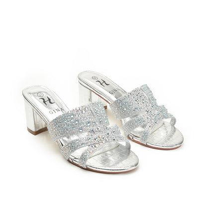 Sparkling Silver Beaded Block Heels | 502L-S