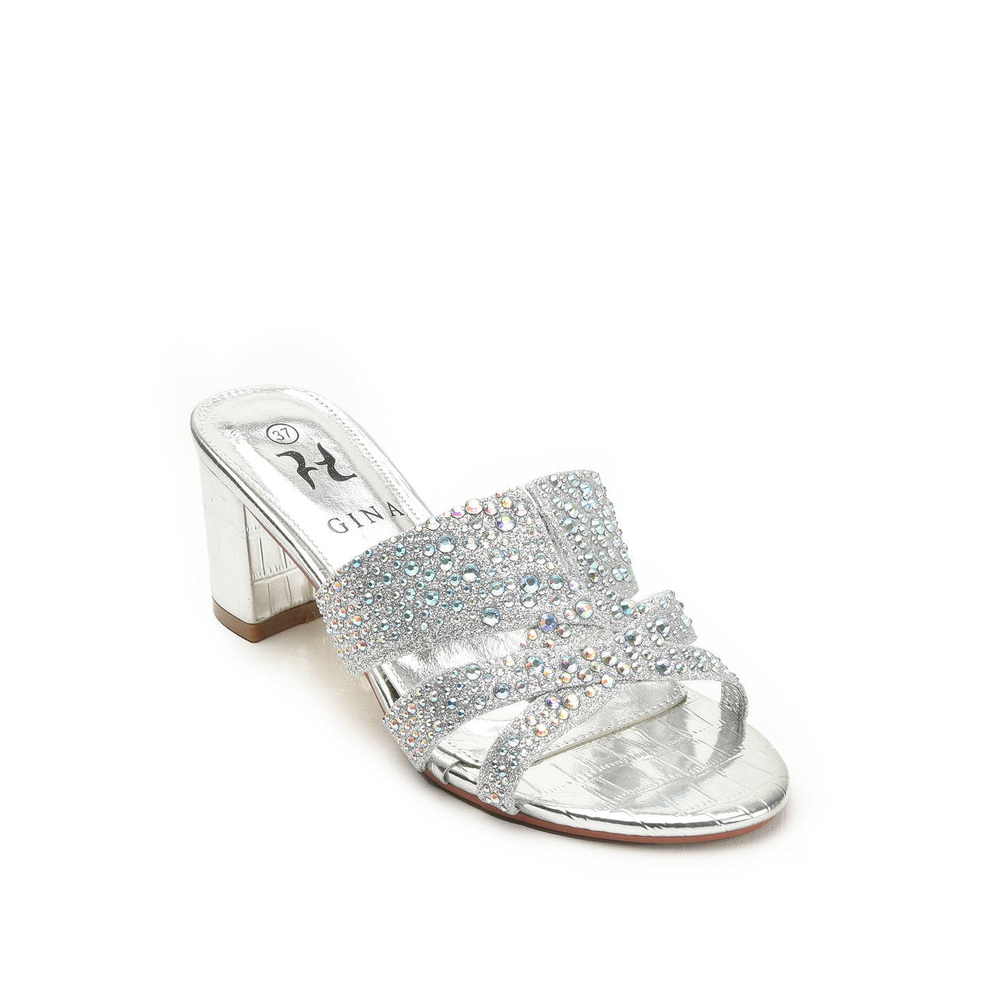 Sparkling Silver Beaded Block Heels | 502L-S