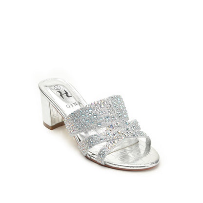 Sparkling Silver Beaded Block Heels | 502L-S